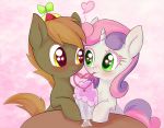  &lt;3 2014 blush brown_fur brown_hair button_mash_(mlp) cub duo earth_pony equine eye_contact female feral friendship_is_magic fur green_eyes hair hat horn horse male mammal milkshake my_little_pony pony propeller_hat straw sweetie_belle_(mlp) table unicorn white_fur young zokkili 