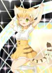  ;d arms_up blonde_hair blurry blurry_background bow cat_tail commentary extra_ears gloves green_eyes hair_bow high-waist_skirt highres jumping kemono_friends kneehighs one_eye_closed open_mouth sand_cat_(kemono_friends) sand_cat_print shiraha_maru shirt shoes short_hair short_sleeves single_glove skirt smile solo tail tail_bow white_gloves white_legwear white_shirt 