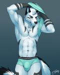  2018 abs anthro athletic black_fur black_skin blue_background blue_eyes bulge canine clothed clothing clothing_lift eyebrows feralise fur gloves_(marking) grin hair looking_aside male mammal markings muscular neck_tuft nipples shirt shirt_lift simple_background smile solo standing tattoo tuft underwear undressing white_fur white_hair white_skin wolf 
