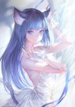  animal_ears artist_name bangs blue_eyes blue_hair blunt_bangs bridal_gauntlets cat_ears cat_tail closed_mouth dress fingernails lace long_hair looking_at_viewer nail_polish original smile solo standing tail wadanaka white_dress 