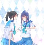  animal animal_on_arm animal_on_head animal_on_shoulder argyle argyle_background asada_nikki bird black_hair blue_hair blue_neckwear blue_sailor_collar blue_skirt blush closed_eyes commentary_request hibike!_euphonium kasaki_nozomi laughing liz_to_aoi_tori long_hair multiple_girls neckerchief on_head open_mouth patterned_background pleated_skirt ponytail sailor_collar school_uniform serafuku shoes sitting skirt smile sweatdrop wariza yoroizuka_mizore 