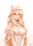  :d animal_ears blonde_hair blush breasts bride dated dress fox_ears hair_between_eyes jewelry juliet_sleeves konshin large_breasts long_hair long_sleeves looking_at_viewer necklace open_mouth original puffy_sleeves red_eyes see-through_silhouette signature smile solo veil wedding_dress white_dress 