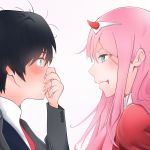  1boy 1girl black_hair blood blood_on_fingers blush couple darling_in_the_franxx hair_ornament hairband hand_on_own_face hiro_(darling_in_the_franxx) horns kiri_yuki lipstick long_hair looking_at_another military military_uniform oni_horns pink_hair red_horns short_hair uniform white_hairband zero_two_(darling_in_the_franxx) 