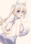  :o ahoge animal_ears arm_warmers ass bangs blonde_hair blue_eyes breasts butt_crack cat_ears cat_tail commentary_request dated fang hair_between_eyes konshin large_breasts long_hair looking_at_viewer looking_back meme_attire musical_note naked_sweater original ribbed_sweater signature simple_background solo spoken_musical_note sweater tail twintails virgin_killer_sweater yellow_background 