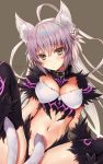  agrius_metamorphosis ahoge animal_ears atalanta_(alter)_(fate) atalanta_(fate) bangs between_legs black_legwear blush braid breasts brown_background closed_mouth covered_nipples eyebrows_visible_through_hair fate/grand_order fate_(series) fur_trim green_eyes hair_between_eyes hijiri_ruka large_breasts long_hair looking_at_viewer multiple_tails navel silver_hair simple_background sitting solo spread_legs tail tail_between_legs thighhighs two_tails very_long_hair 