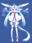  :o animal_ears blue_background blue_eyes blue_gloves blue_hair boots capelet commentary_request ears_down eyebrows_visible_through_hair fingerless_gloves fox_ears fur_trim gloves horn konshin long_hair looking_at_viewer original parted_lips pom_pom_(clothes) solo standing thigh_boots thighhighs twintails v_arms white_capelet white_footwear 