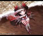  1girl antennae beach brown_hair cleiooo crab_claw extra_eyes extra_legs female hair_ribbon monster_girl one_eye_closed solo thighhighs twintails v water wixoss 