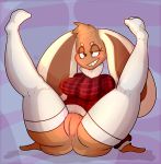  2018 anthro blush_sticker bottomless breasts brown_fur butt butt_from_front clothed clothing digital_media_(artwork) female fur grin lagomorph legs_up legwear mammal naughty_face plaid presenting presenting_pussy pussy rabbit shirt simple_background sirphilliam sitting smile solo spread_legs spreading stockings thick_thighs thigh_highs turtleneck 