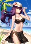  beach bikini black_bikini blue_sky breasts bug butterfly cloud collarbone commentary condensation_trail day doki_doki_literature_club english_commentary eyebrows_visible_through_hair flower hair_ornament hairclip hand_on_headwear hat hat_flower highres insect long_hair looking_at_viewer medium_breasts navel o-ring o-ring_top palm_tree parted_lips purple_eyes purple_hair sand sarong sasoura sky smile solo sun_hat swimsuit tree water yuri_(doki_doki_literature_club) 