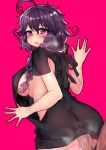  1girl ahoge ass black_sweater blush braid breasts breath butt_crack cowboy_shot cum cum_on_clothes dress eyebrows_visible_through_hair from_behind hand_up heart heart-shaped_pupils large_breasts long_hair looking_at_viewer looking_back male_pubic_hair messy_hair naked_sweater navel nyarla_(osiimi) original osiimi parted_lips penis pink_background pubic_hair purple_eyes purple_hair saliva simple_background solo_focus sweater sweater_dress symbol-shaped_pupils tears tongue tongue_out 