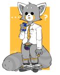  ? aggressive_retsuko barely_visible_penis beverage clothed clothing coffee drooling eggplant food fruit garter_belt garter_straps male mammal milkomeda-galaxy_(artist) necktie pants_down partially_clothed penis red_panda resasuke saliva sanrio solo thong 