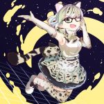  animal_ears back_bow bare_shoulders blonde_hair bow bowtie brown_hair cat_ears cat_tail elbow_gloves extra_ears eyebrows_visible_through_hair frilled_skirt frills glasses gloves high-waist_skirt jumping kemono_friends margay_(kemono_friends) margay_print multicolored_hair one_eye_closed pleated_skirt short_hair skirt solo tail tamiku_(shisyamo609) thighhighs vest 