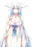  ? animal_ears blue_eyes blue_hair breasts bright_pupils cleavage closed_mouth ears_down fox_ears hand_up japanese_clothes konshin large_breasts long_hair looking_at_viewer orie_mishiro original sash short_eyebrows simple_background solo very_long_hair white_background 