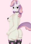  2014 aged_up anthro anthrofied blush bottomless butt clothed clothing equine female fladdykin friendship_is_magic fur green_eyes hair hi_res horn legwear mammal multicolored_hair my_little_pony nipple_bulge pink_hair purple_hair simple_background solo sweetie_belle_(mlp) thigh_highs two_tone_hair unicorn white_fur 