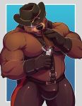  2018 anthro bear belt biceps black_lips black_nose brown_fur bulge cigar clothed clothing cowboy fangs fluffy fur gloves harness hat holding_object humanoid_hands knuxlight leather male mammal muscular rubber skimpy slightly_chubby smoking solo spandex standing teeth thick_thighs tight_clothing 