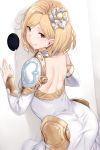  :q absurdres after_fellatio ass blonde_hair blush breasts brown_eyes choker closed_mouth collarbone cosplay cum detached_sleeves djeeta_(granblue_fantasy) dress from_behind glory_hole granblue_fantasy hair_in_mouth hair_ornament head_tilt hews_hack highres huge_filesize kneeling knights_of_glory large_breasts licking_lips long_sleeves looking_at_viewer looking_back paid_reward patreon_reward smile solo stray_pubic_hair the_glory the_glory_(cosplay) tongue tongue_out white_background white_dress 