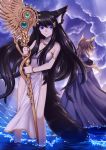  animal_ears armlet bangs bare_shoulders black_hair bracelet brown_hair cape cloud cloudy_sky commentary_request contrapposto dress fox_ears fox_tail hair_between_eyes hair_ornament hairclip highres holding jewelry konshin light_rays long_hair looking_at_viewer multiple_girls original parted_lips pelvic_curtain purple_cape purple_eyes sky staff standing tail very_long_hair water waving white_dress 