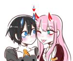  1boy 1girl black_hair blue_eyes couple darling_in_the_franxx eyebrows_visible_through_hair green_eyes hiro_(darling_in_the_franxx) horns lips looking_at_another military military_uniform necktie one_eye_closed oni_horns orange_neckwearlong_hair pink_hair pride-kun red_horns short_hair uniform zero_two_(darling_in_the_franxx) 