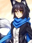  animal_ears black_hair black_jacket blue_scarf borrowed_character eyebrows_visible_through_hair fox_ears fox_tail gloves hair_between_eyes jacket konshin long_sleeves nanashi_(ganesagi) original parted_lips scarf shirt short_hair slit_pupils solo tail tail_raised upper_body white_gloves white_shirt yellow_eyes 