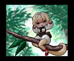  :d animal_ears back_bow blonde_hair blurry blurry_background blush bow bowtie branch brown_eyes brown_neckwear commentary_request depth_of_field eyebrows_visible_through_hair flying_sweatdrops hair_ribbon hairband hands_up kemono_friends kotobuki_(tiny_life) leaf long_hair long_sleeves open_mouth pantyhose red_footwear ribbon shoes short_hair silky_anteater_(kemono_friends) sitting smile solo tail white_ribbon windowboxed 