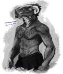  ambiguous_gender anthro argonian clothed clothing feathers horn mamascream monochrome partially_clothed pecs scalie sketch solo the_elder_scrolls video_games 