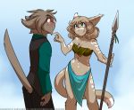  2018 anthro aroused basitin blue_background blue_eyes bodypaint brown_fur cathleen_keiser chest_tuft clothed clothing confusion cornelius_keiser duo female fur gradient_background hi_res holding_object holding_weapon loincloth male mammal markings melee_weapon midriff polearm simple_background skimpy smile spear tail_boner tan_fur tom_fischbach tongue tongue_out tuft twokinds weapon webcomic 