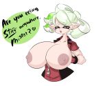  &lt;3 2018 areola big_breasts breasts cephalopod clothed clothing digital_media_(artwork) ear_piercing english_text female fluffernubber gloves huge_breasts humanoid inkling marie_(splatoon) marine nintendo nipples open_mouth open_shirt parody piercing pointy_ears simple_background solo splatoon squid tentacle_hair tentacles text video_games 