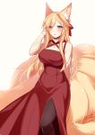  animal_ears arm_behind_back black_legwear blonde_hair blue_eyes blush bow breasts commentary_request dated dress fox_ears fox_tail hair_bow hand_up konshin large_breasts long_hair long_sleeves looking_at_viewer multiple_tails original pantyhose red_bow red_dress side_slit signature simple_background smile solo standing sweater tail white_background 