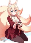  animal_ears blonde_hair blue_eyes breasts brown_legwear closed_mouth commentary_request dated dress food fox_ears fox_tail hair_between_eyes holding kitsune konshin large_breasts long_hair looking_at_viewer multiple_tails no_shoes notice_lines original pantyhose red_dress signature single_hair_intake sitting solo spoon tail yokozuwari 