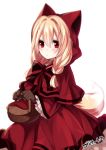  animal_ears basket blonde_hair blush bow bowtie braid brown_gloves capelet closed_mouth commentary_request dress fox_ears fox_tail gloves hair_between_eyes holding konshin long_sleeves looking_at_viewer original red_capelet red_dress red_eyes red_neckwear simple_background solo tail white_background wide_sleeves 