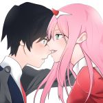  1boy 1girl biting black_hair blush couple darling_in_the_franxx face-to-face hair_ornament hairband hiro_(darling_in_the_franxx) horns kiri_yuki long_hair looking_at_another military military_uniform oni_horns pink_hair red_horns short_hair uniform white_hairband zero_two_(darling_in_the_franxx) 