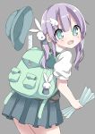  :d absurdres backpack bag bangs blue_hat blue_skirt blush bunny_hair_ornament commentary_request eyebrows_visible_through_hair green_eyes grey_background hair_between_eyes hair_ornament hamada_pengin hat hat_removed head_tilt headwear_removed highres holding long_hair looking_at_viewer looking_back open_mouth original pleated_skirt puffy_short_sleeves puffy_sleeves purple_eyes ruler shirt short_sleeves sidelocks simple_background skirt smile solo sweater_vest twintails white_shirt wing_hair_ornament 