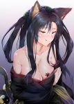  :q animal_ears bare_shoulders black_hair blush breasts cat_ears cat_tail cleavage hair_rings hairband high_school_dxd highres japanese_clothes kimono kuroka_(high_school_dxd) large_breasts long_hair multiple_tails off_shoulder slit_pupils smile solo tail tongue tongue_out uno_ryoku yellow_eyes 