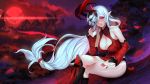  alternate_costume alternate_eye_color alternate_skin_color bare_shoulders black_legwear breasts cleavage crossed_legs detached_sleeves highres horn in_tree large_breasts league_of_legends long_hair looking_at_viewer low-tied_long_hair mask moon nail_polish one_eye_covered outdoors pink_eyes pointy_ears red_legwear red_moon red_nails shin_guards sitting smile solo soraka tianlluo tree white_hair 