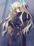  blonde_hair blue_eyes blue_ribbon bodysuit bow breasts carnelian closed_mouth covered_navel crotch_plate emblem groin hair_bow highres liz_hohenstein long_hair looking_down muvluv muvluv_alternative pilot_suit ribbon schwarzesmarken skin_tight standing 