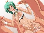  1girl aftersex aquarion_(series) aquarion_evol areolae blush bottomless breast_grab breasts breasts_outside censored clothed_female_nude_male crop_top cum cum_in_pussy cum_on_breasts cum_on_hair cum_on_lower_body cum_on_upper_body double_handjob ebido facial girl_on_top green_hair groin half-closed_eyes handjob highres legs lying medium_breasts mix_(aquarion) mosaic_censoring nipples no_panties open_mouth penis purple_eyes pussy sex short_hair simple_background sitting sitting_on_person solo_focus standing sweat tears thighs vaginal white_background zessica_wong 