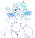  anthro blue_skin breasts chest_tuft crotch_tuft cute_fangs eyes_closed featureless_breasts female fluffy fluffy_tail fur horn long_tail mammal mane naturally_censored nude open_mouth paws shrug simple_background slightly_chubby slugbox smile solo text tuft unknown_species white_background white_fur 