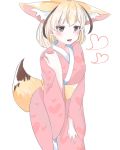  alternate_costume animal_ears aotan_(aorin114) blonde_hair commentary cowboy_shot eyebrows_visible_through_hair fang fennec_(kemono_friends) fox_ears fox_tail heart heart-shaped_pupils highres japanese_clothes kemono_friends kimono open_mouth pink_clothes short_hair solo symbol-shaped_pupils tail 