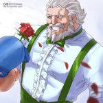  beard blue_eyes blue_gloves bow bowtie boxing_gloves cosplay dress_shirt dudley dudley_(cosplay) facial_hair flower gloves grey_hair grin male_focus moize_opel mustache one-eyed overwatch reinhardt_(overwatch) rose scar scar_across_eye shirt smile solo street_fighter suspenders 