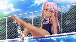  :p bare_shoulders barefoot blue_sky blue_swimsuit breasts chain-link_fence chloe_von_einzbern cloud collarbone commentary dark_skin day eyebrows_visible_through_hair fate/kaleid_liner_prisma_illya fate_(series) feet fence hair_between_eyes highres legs long_hair looking_at_viewer morokoshi_(tekku) name_tag one-piece_swimsuit outdoors pink_hair pool school_swimsuit side_ponytail sitting sky small_breasts smile soles solo splashing swimsuit toes tongue tongue_out water 