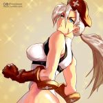  :&lt; ass beret blue_eyes breasts cammy_white cammy_white_(cosplay) clenched_hands cosplay fingerless_gloves from_side gloves hat leotard long_hair medium_breasts mercy_(overwatch) moize_opel overwatch red_cross scar silver_hair solo street_fighter thong_leotard 