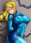  bdsm blonde_hair blush bodysuit bondage bound breasts bukkake chains covered_navel erect_nipples hyoukai large_breasts metroid nipples ponytail restrained samus_aran skin_tight slave zero_suit 