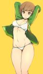  arms ass_visible_through_thighs bad_id bad_twitter_id breasts breasts_apart brown_hair collarbone commentary commercial covered_nipples english_commentary eyebrows_visible_through_hair green_jacket highres hip_bones jacket legs_together looking_at_viewer medium_breasts navel panties parted_lips persona persona_4 satonaka_chie shiny shiny_hair shiny_skin short_hair simple_background slugbox sports_bra standing thighs track_jacket underwear white_panties yellow_background 