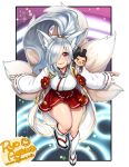  agawa_ryou animal_ears borrowed_character character_doll character_request commentary english_commentary fox_ears fox_tail hair_over_one_eye hakama_skirt japanese_clothes long_hair miko multiple_tails original ponytail red_eyes silver_hair socks solo tabi tail watermark web_address 