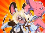  2018 action_lines anger_vein angry animal_crossing anthro bella_(animal_crossing) between_breasts big_breasts black_fur blonde_hair blue_eyes breasts canine cleavage clenched_teeth clothed clothing digital_media_(artwork) duo eyelashes fangs female fight fist freckles freya_(animal_crossing) frown fur hair looking_at_another mammal mouse multicolored_fur nervous nintendo orange_background pink_fur pink_hair rodent shirt_pull short_stack simple_background striped_tail stripes sweat sweatdrop teckworks teeth two_tone_fur video_games white_fur wolf yellow_sclera 