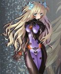  ass_visible_through_thighs bangs blonde_hair blue_eyes blue_ribbon blush bodysuit bow breasts closed_mouth covered_navel emblem groin hair_bow hand_on_own_chest hips liz_hohenstein long_hair looking_down muvluv muvluv_alternative pilot_suit purple_bodysuit ribbon schwarzesmarken skin_tight standing thigh_gap two_side_up 
