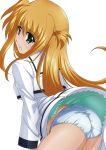  arisa_bannings ass blonde_hair blush green_eyes highres long_hair looking_back lyrical_nanoha mahou_shoujo_lyrical_nanoha panties pantyshot school_uniform seishou_elementary_school_uniform simple_background skirt solo tappa_(esperanza) underwear upskirt white_background white_panties 