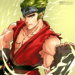  aura clenched_hand cosplay dougi fingerless_gloves forehead_protector genji_(overwatch) gloves green_hair ken_masters ken_masters_(cosplay) male_focus moize_opel muscle overwatch short_hair solo sparrow_genji street_fighter younger 