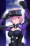  1girl arm_up breasts cleavage eyebrows_visible_through_hair fate/grand_order fate_(series) hair_over_one_eye hands highres looking_at_viewer mash_kyrielight medium_breasts parody pink_hair purple_eyes ready_player_one short_hair smile solo visor zhao_shixuan 