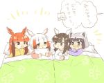  :d adapted_costume alpaca_suri_(kemono_friends) animal_ears bangs bed bird_wings black-headed_ibis_(kemono_friends) black_hair blue_hair blush chibi chibi_inset commentary common_raccoon_(kemono_friends) eyebrows_visible_through_hair fang gradient_hair head_wings japanese_crested_ibis_(kemono_friends) kemono_friends long_sleeves moeki_(moeki0329) multicolored_hair multiple_girls open_mouth pajamas pillow raccoon_ears red_hair scarlet_ibis_(kemono_friends) short_hair sidelocks smile translated white_hair wings younger 